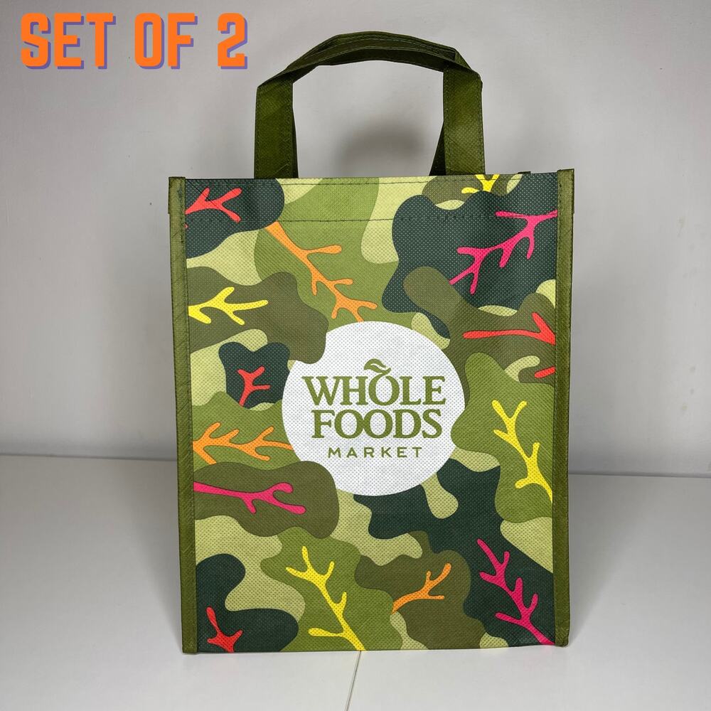 SET OF 2 Whole Foods Market MINI Reusable Tote Bag — Green Garden Leaf Print NEW